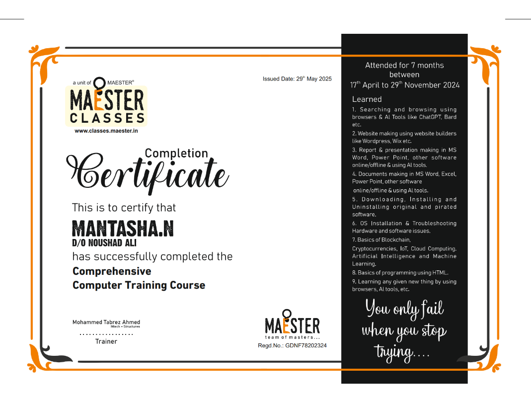 Computer Training Completion Certificate
