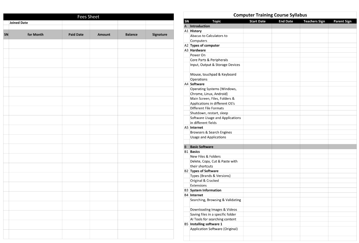 Computer Course Fees & Syllabus Sheet